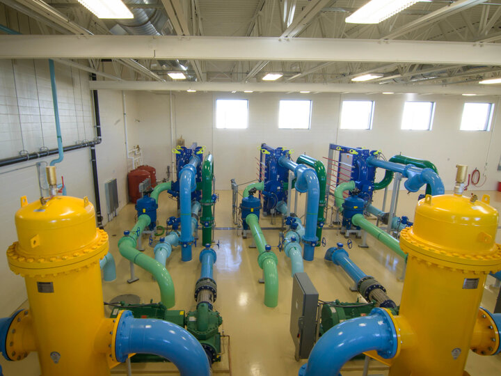 Pipes of different colors signify different water loops